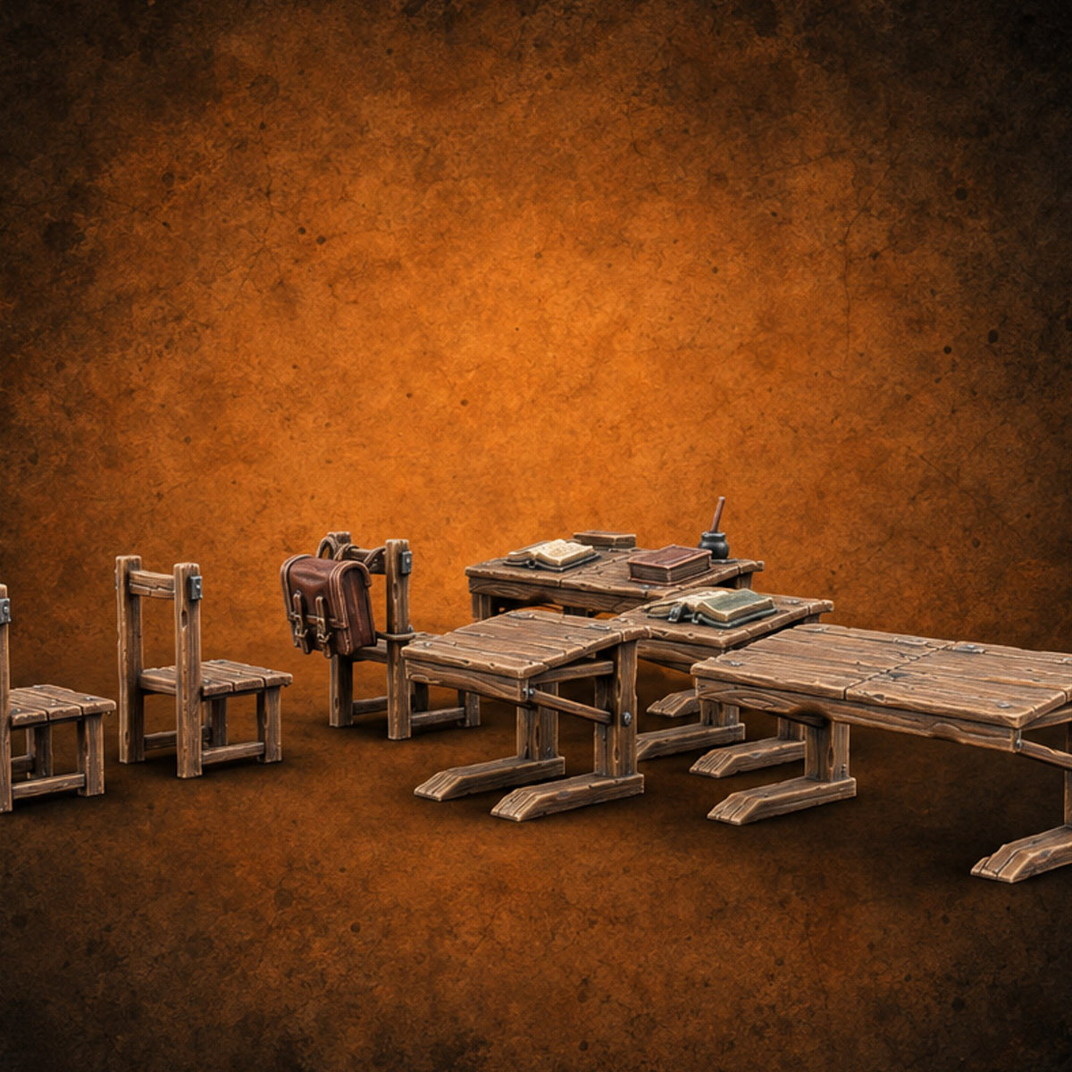 Class Dismissed, Chalk Still Dusty Wooden Classroom Furniture C — painted concept preview (terrain supplied unpainted)