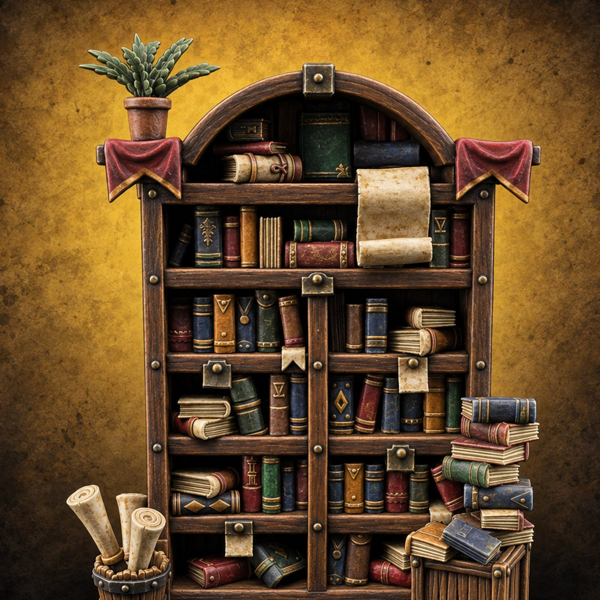 Overstuffed Library Bookshelf D — painted concept preview (terrain supplied unpainted)