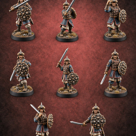 Shields Studded, Steel Singing Human Steppe Swordsmen with Studded Round Shields and Spiked Helms — painted concept preview (miniature supplied unpainted)