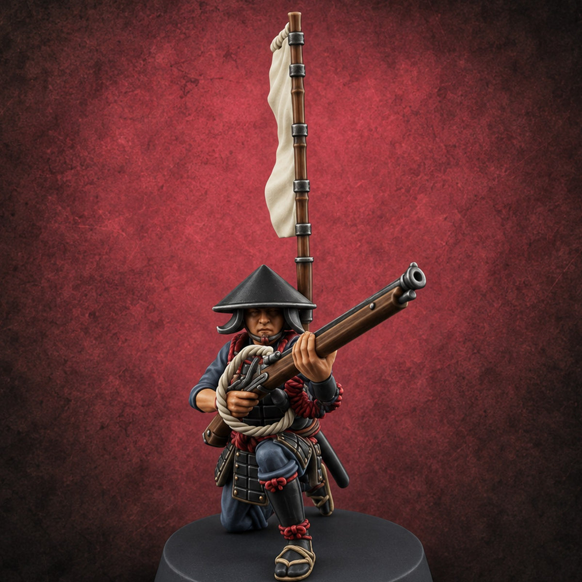 Priming the Volley Human Ashigaru Musketeer A — painted concept preview (miniature supplied unpainted)