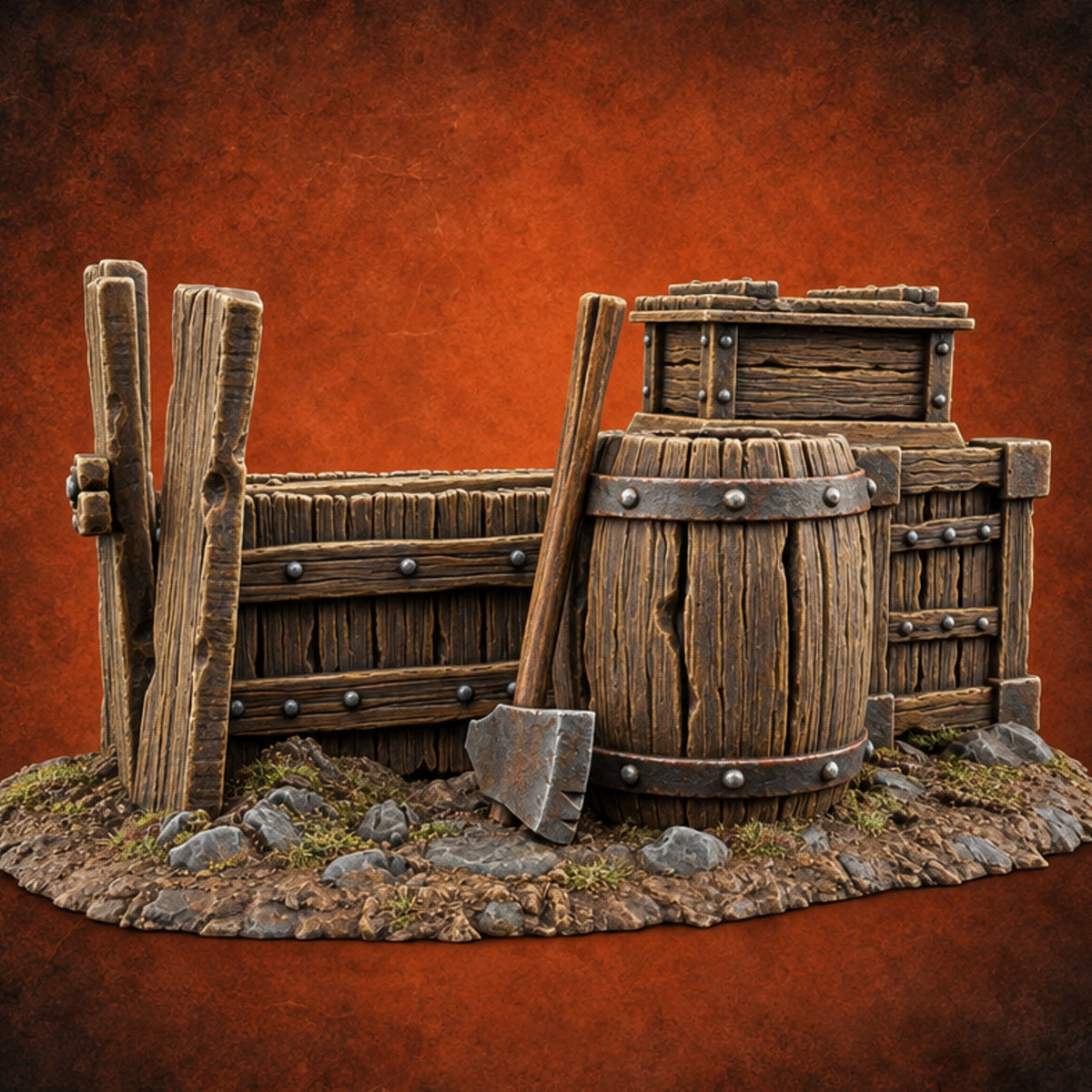 Barrel Roll Call Wooden Supply Scatter A — painted concept preview (terrain supplied unpainted)