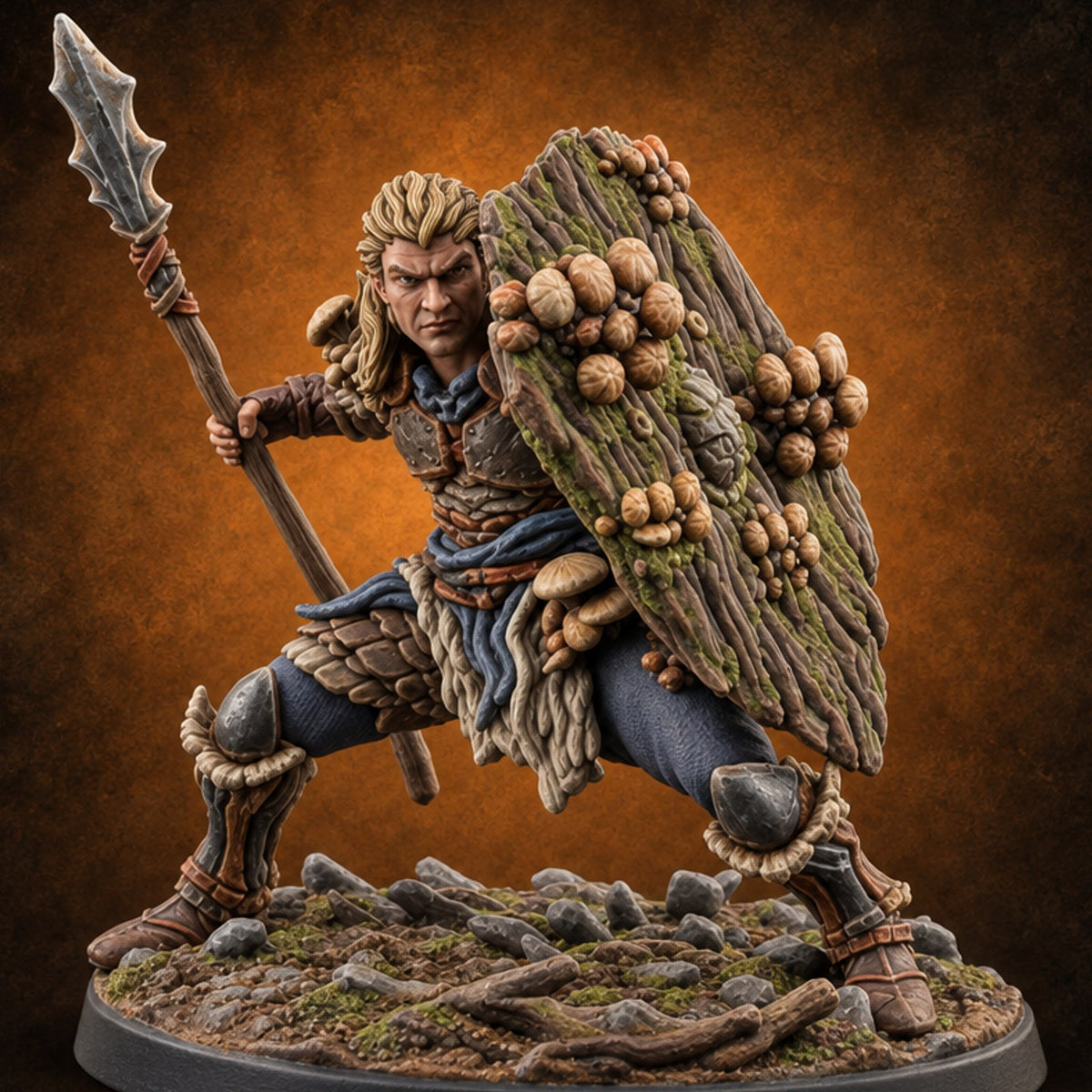 No Mushroom for Retreat Human Spear and Shield Warrior A — painted concept preview (miniature supplied unpainted)