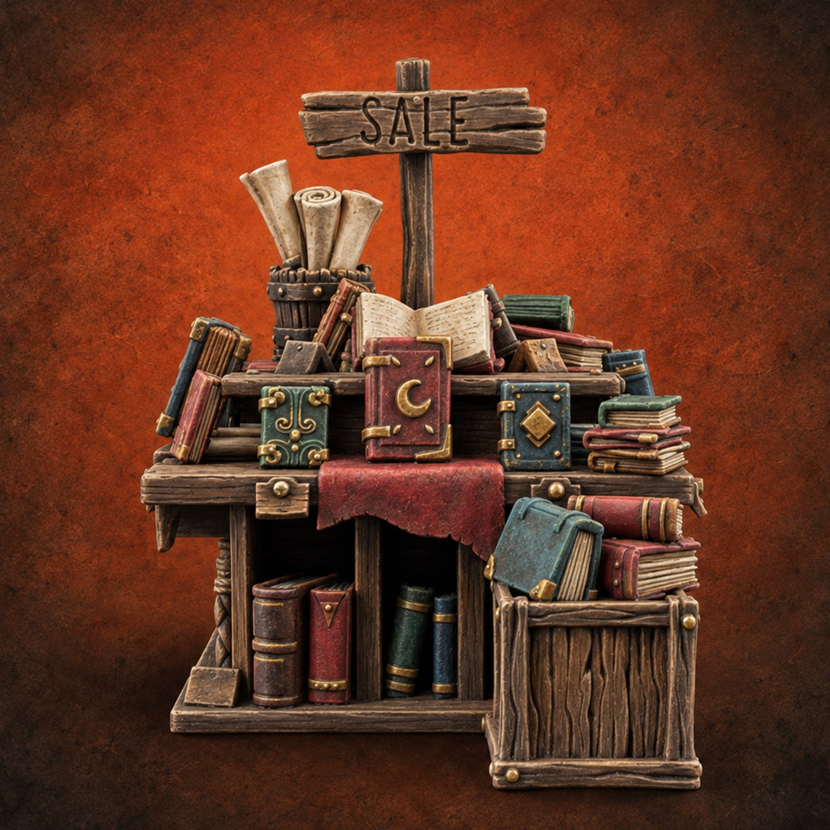 Cozy, Book-Piled Bookshop Furnishing E — painted concept preview (terrain supplied unpainted)