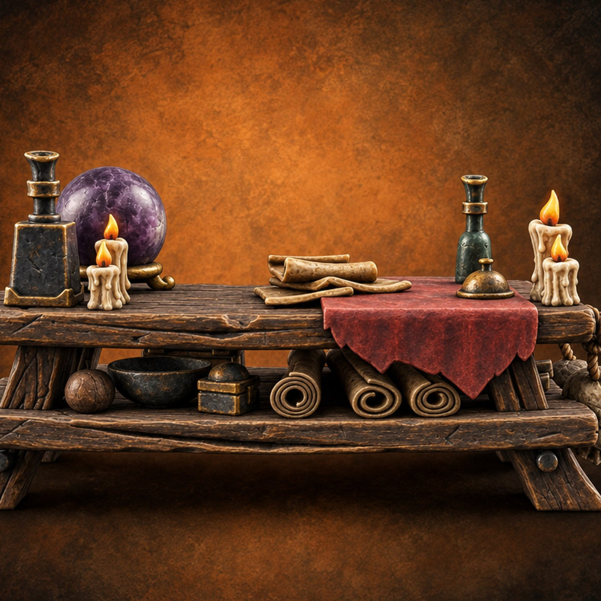 Fortune Told, Skull Sold Wooden Magic Shop Display Table — painted concept preview (terrain supplied unpainted)