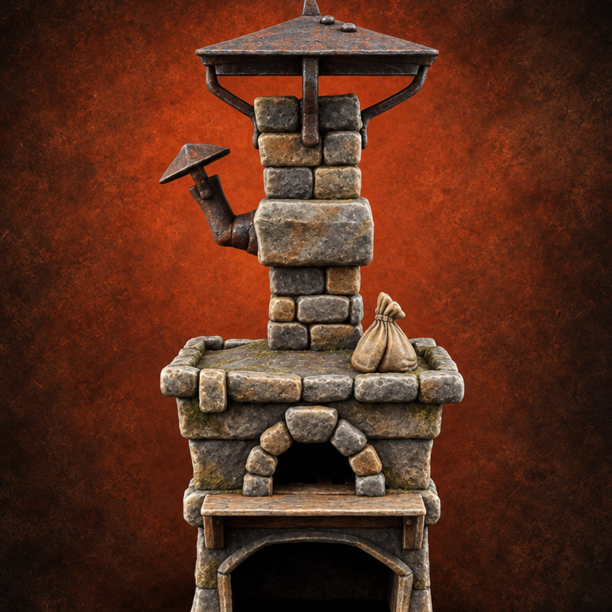 Smoke Rises Through the Mushroom Cap Stone Oven with Tall Chimney — painted concept preview (terrain supplied unpainted)