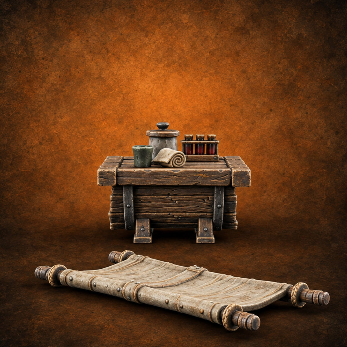 Stretcher Case Pending Wooden Medic Table and Stretcher — painted concept preview (terrain supplied unpainted)