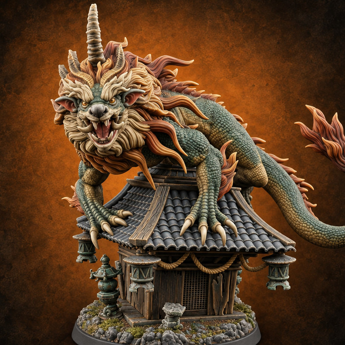 Shrine Roof Won't Hold Chimera Horned Lion-Dragon Beast — painted concept preview (miniature supplied unpainted)