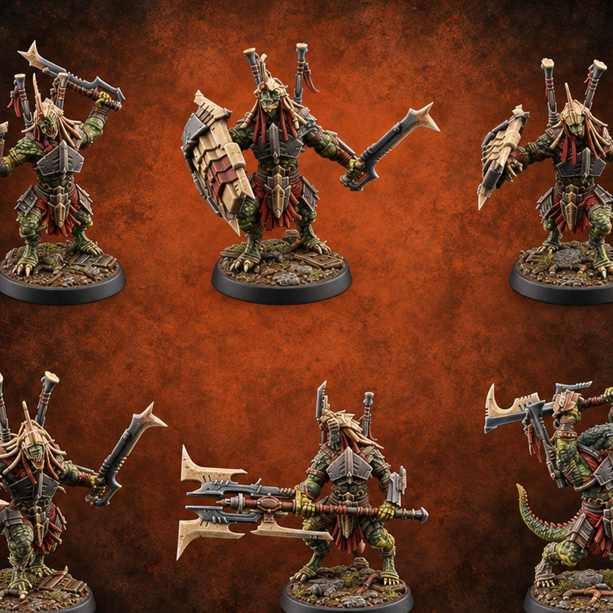 Spikes Out, Shields Up Lizardfolk Warriors — painted concept preview (miniature supplied unpainted)