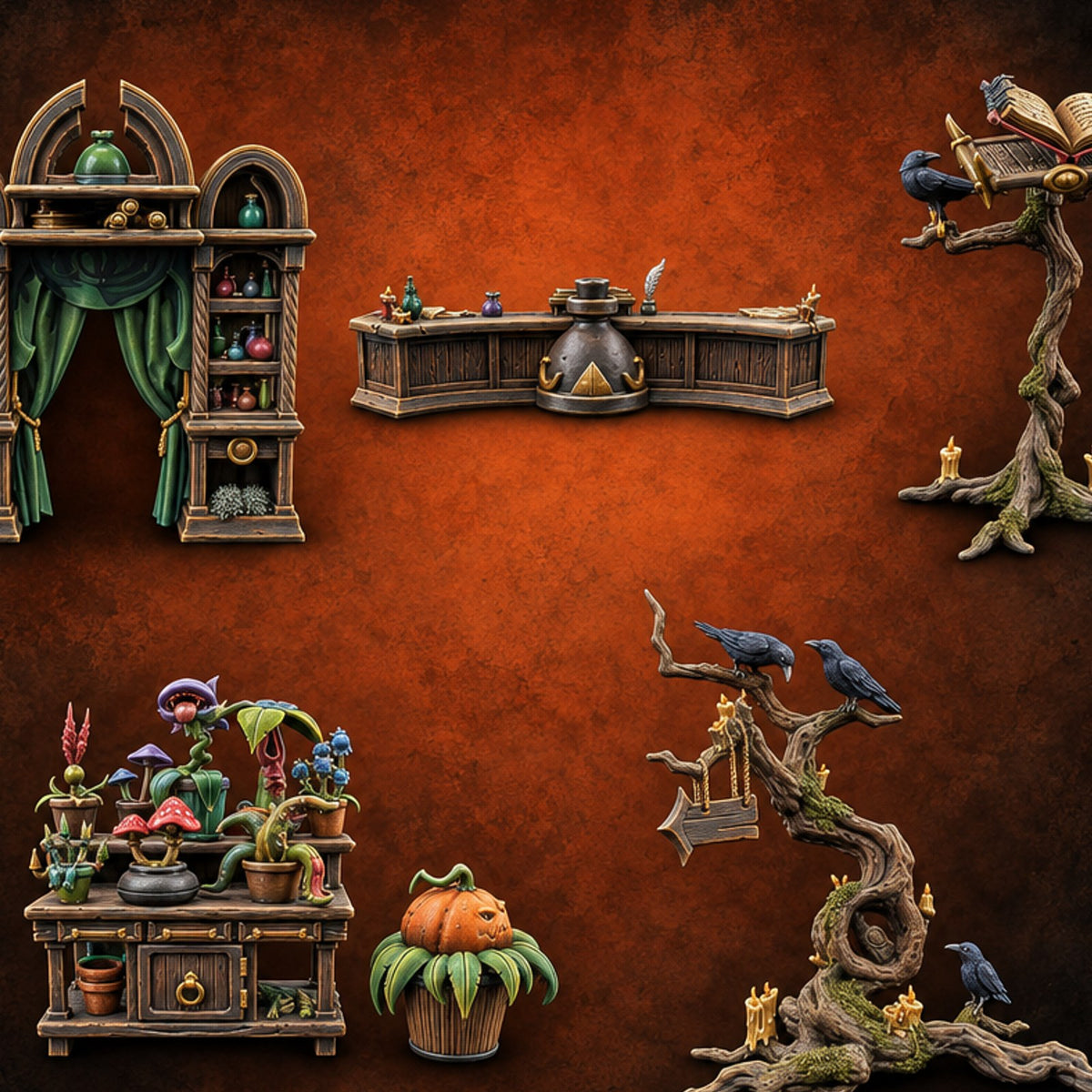 Open Tab, Open Curtains Poison Shop Terrain Set — painted concept preview (terrain supplied unpainted)