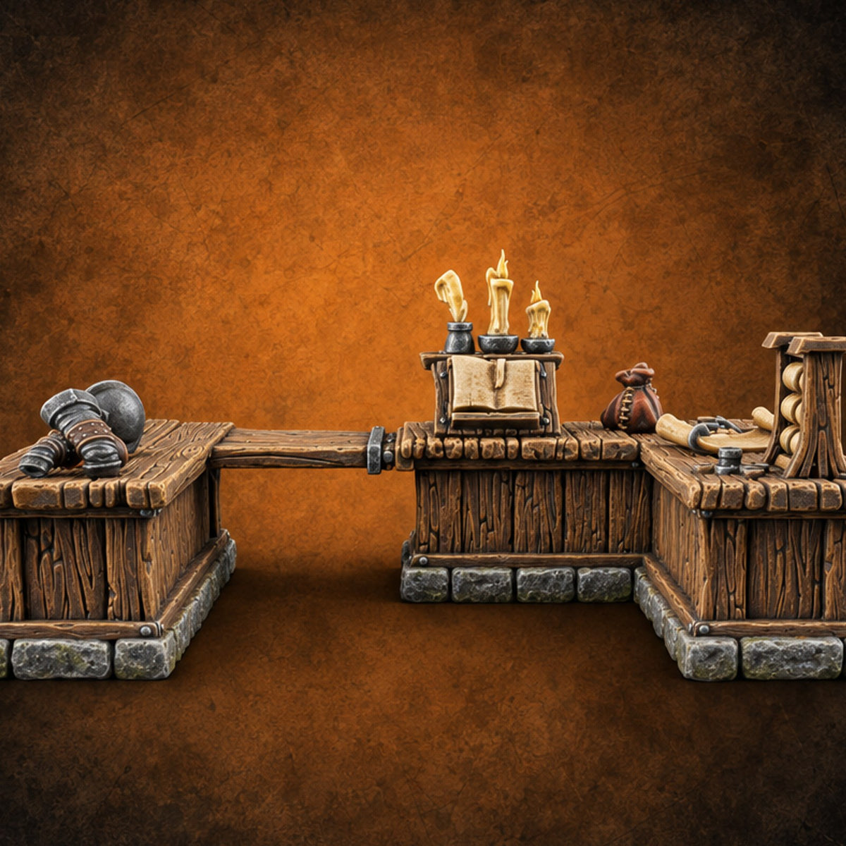 Arms Dealer's Horseshoe Wooden Merchant Counter — painted concept preview (terrain supplied unpainted)