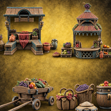 Grapes Weighed, Prices Shouted Wooden Food Market Stalls Set — painted concept preview (terrain supplied unpainted)