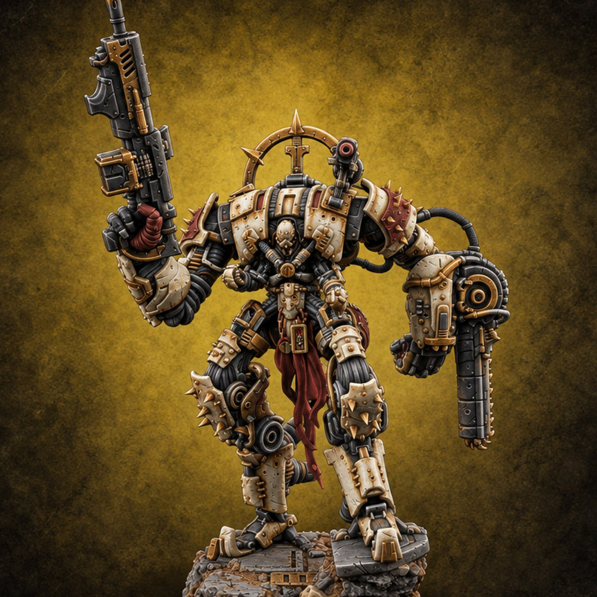 Pilot Light of Faith Warforged Mech Suit Sentinel B — painted concept preview (miniature supplied unpainted)