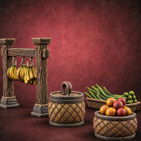 Bananas Hung, Baskets Heaped Fruit Seller Display Rack Set — painted concept preview (terrain supplied unpainted)