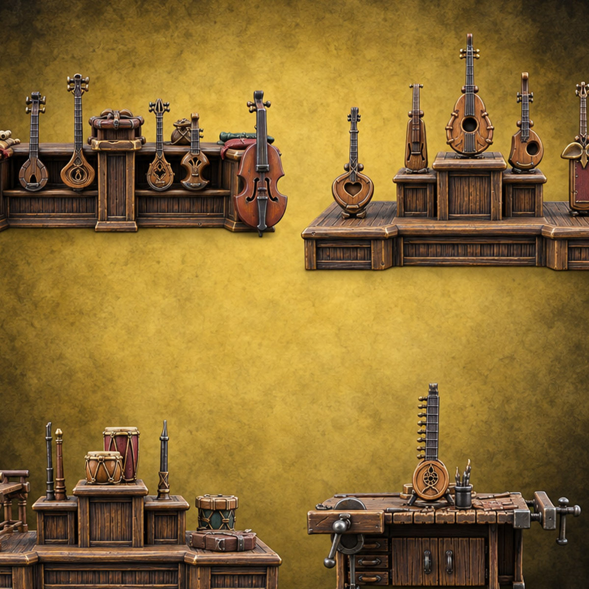 Strings Hung Wooden Music Store Furniture Set — painted concept preview (terrain supplied unpainted)
