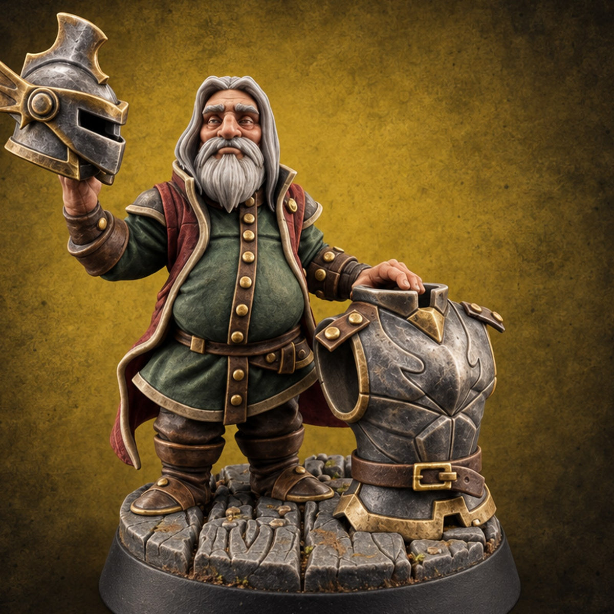 Try the Helm, Mind the Price Dwarf Armour Merchant — painted concept preview (miniature supplied unpainted)