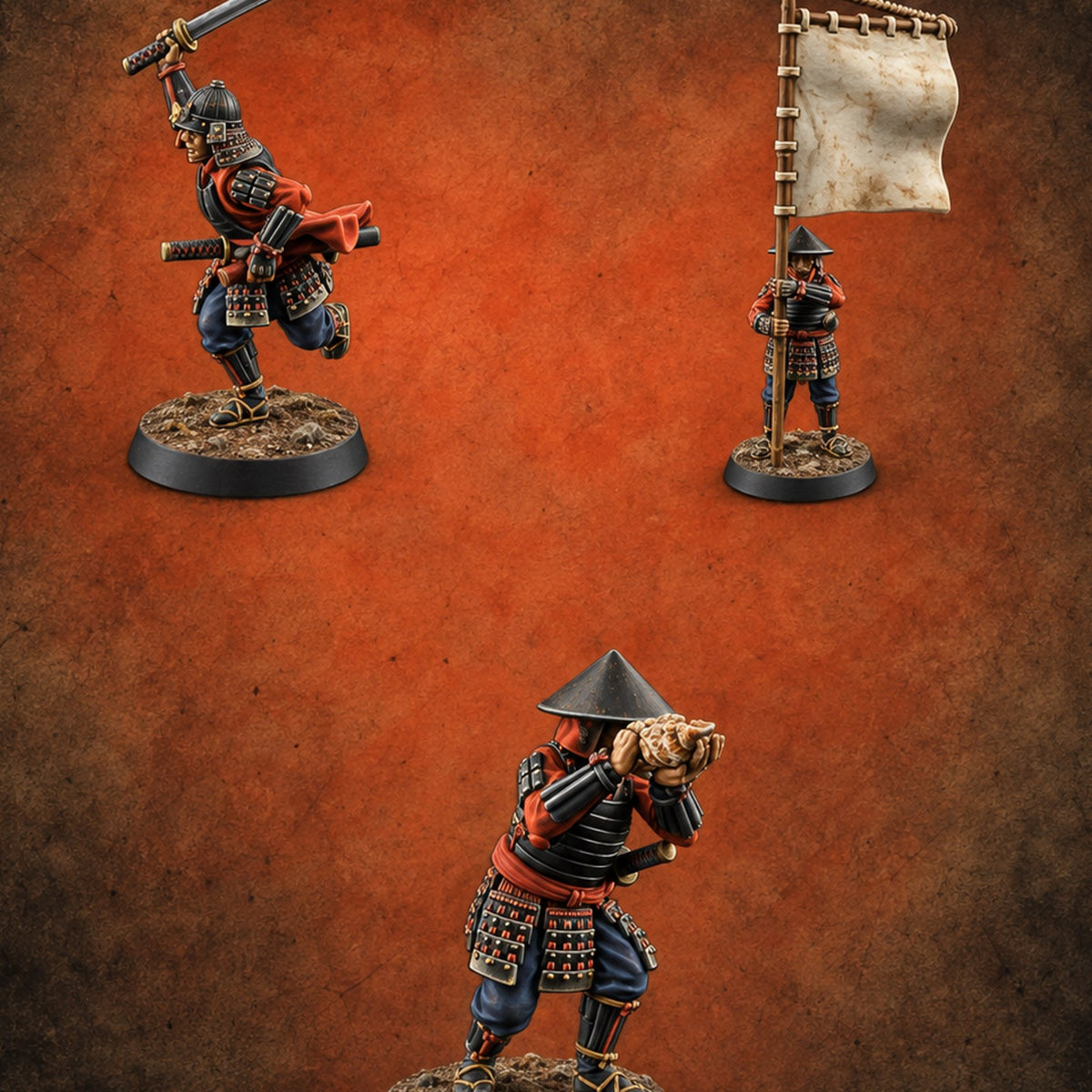 Rallying the Ranks Human Ashigaru Command Group — painted concept preview (miniature supplied unpainted)