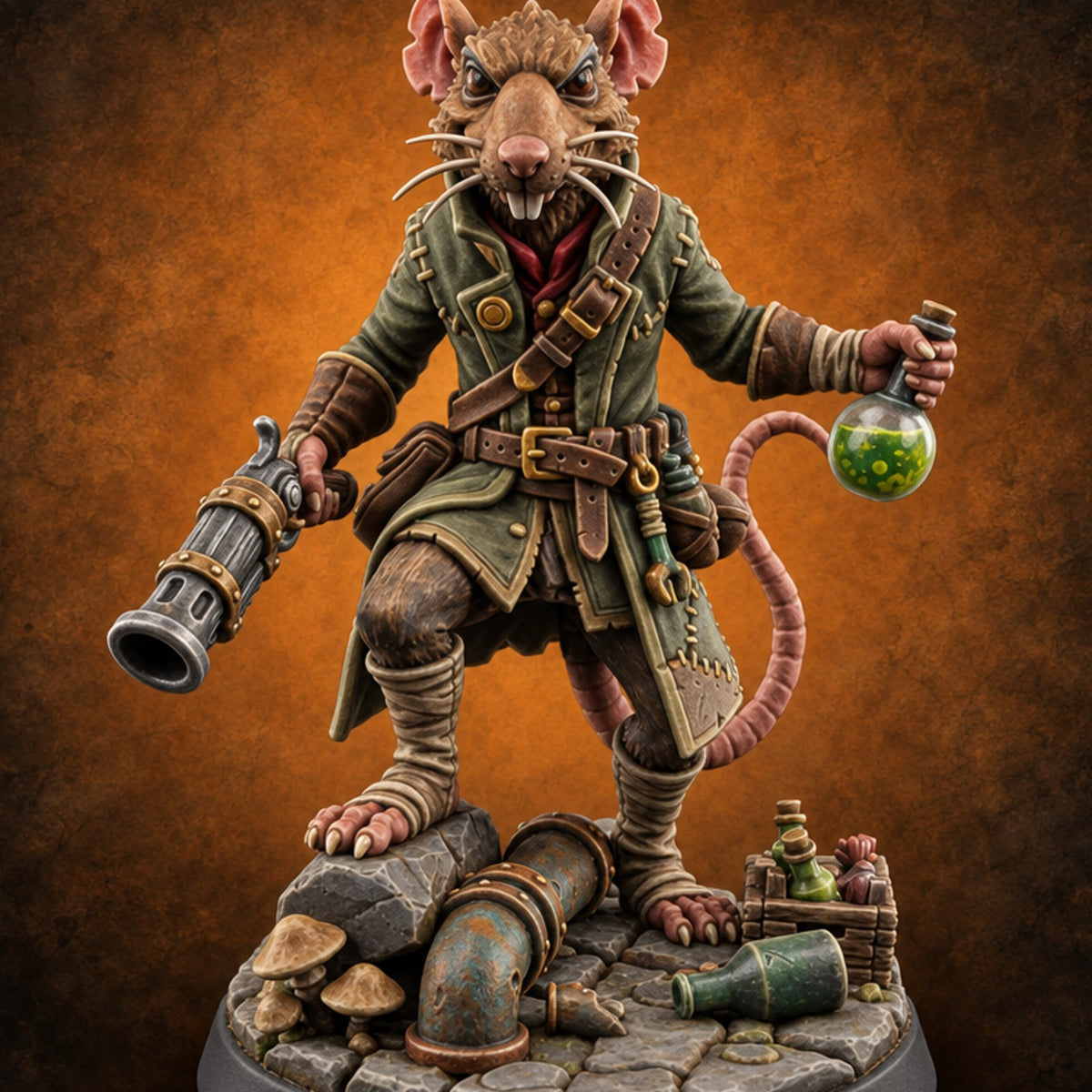 Fizzing Flask, Loaded Barrel Ratfolk Alchemist Gunslinger — painted concept preview (miniature supplied unpainted)