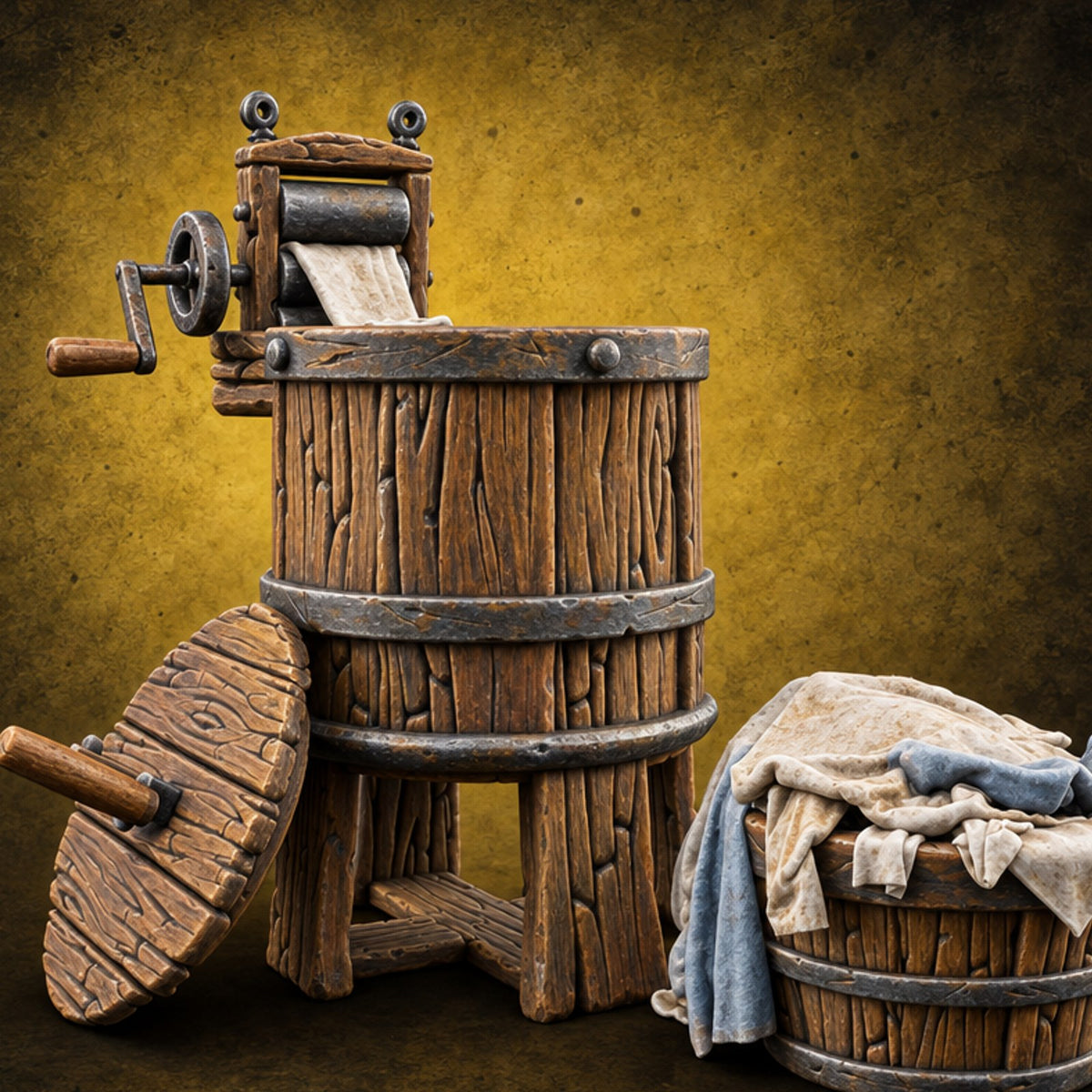 Wrung Out Wooden Laundry Wash Machine — painted concept preview (terrain supplied unpainted)