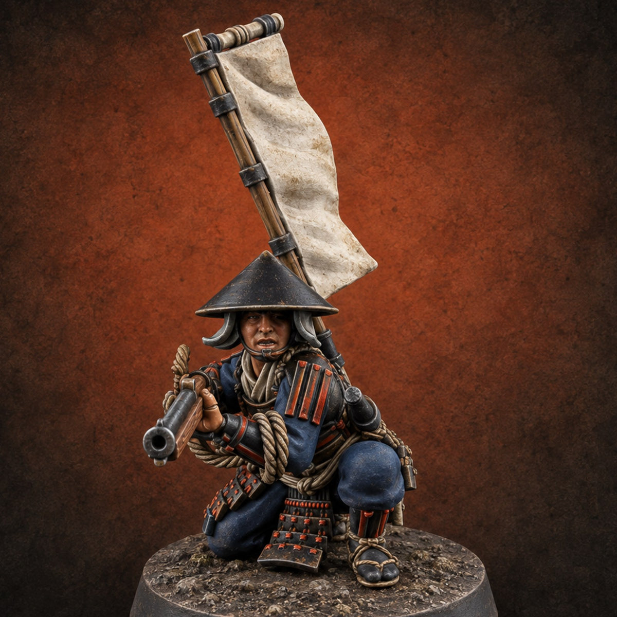 Matchlocks at the Ready Human Ashigaru Musketeer I — painted concept preview (miniature supplied unpainted)