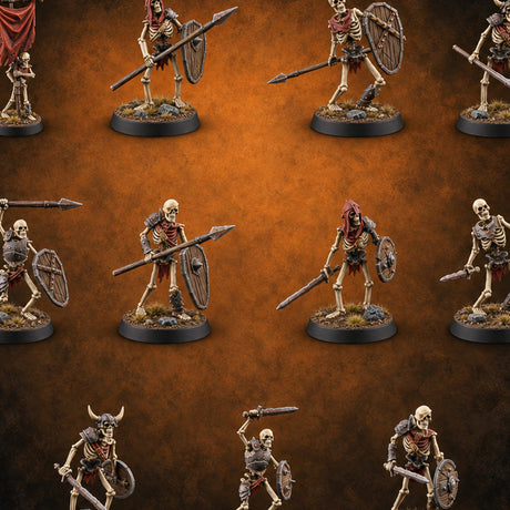 Long Dead, Still Enlisted Skeleton Warriors with Spears, Swords, Shields and Banner — painted concept preview (miniature supplied unpainted)