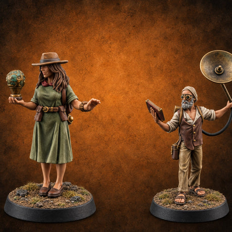 Gadgets and Grimoires Human Civilians with Orb, Book and Dish — painted concept preview (miniature supplied unpainted)