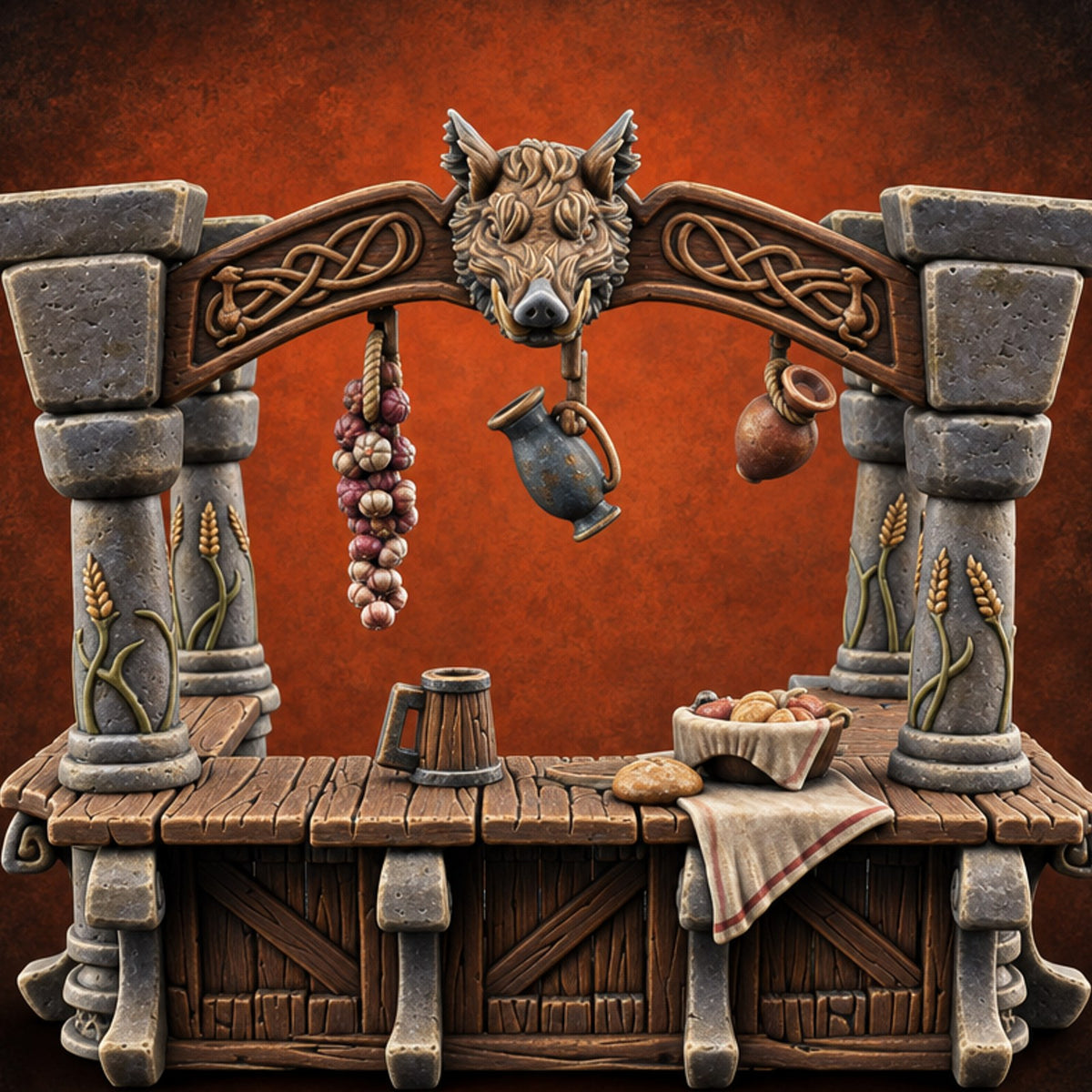 Boar's Tab Runs Long Wooden Inn Bar Counter — painted concept preview (terrain supplied unpainted)