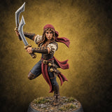 Never Lands Twice in One Spot Human Female Rogue with Twin Curved Blades — painted concept preview (miniature supplied unpainted)