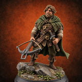 Small Game Hunter Halfling Ranger with Crossbow and Sword on Rocky Base — painted concept preview (miniature supplied unpainted)