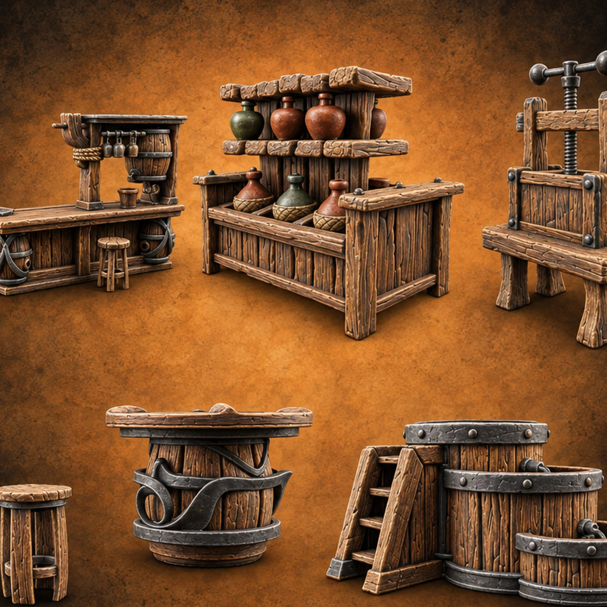 Vintage Needs Pressing Wooden Winery Furniture Set — painted concept preview (terrain supplied unpainted)