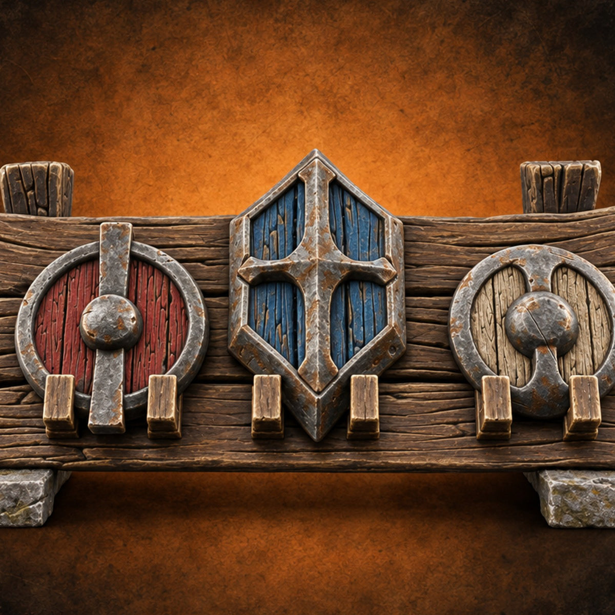 Boss Up, Buyer Beware Wooden Shield Display Rack — painted concept preview (terrain supplied unpainted)
