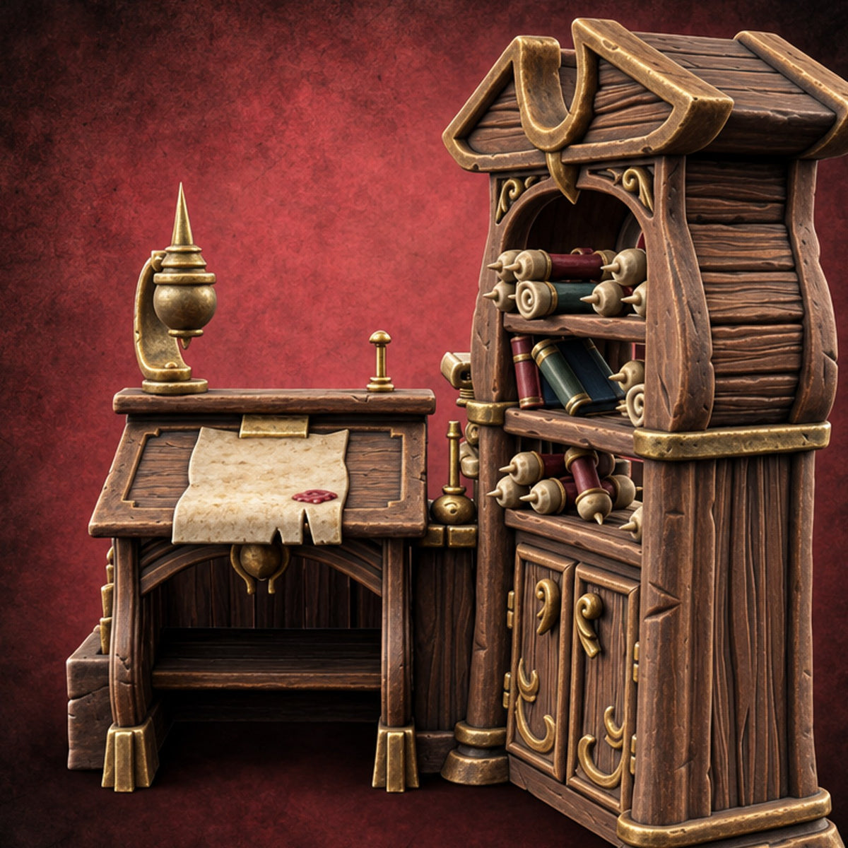 Whispers Filed, Scrolls Stacked Wooden Advisor Desk and Bookcase — painted concept preview (terrain supplied unpainted)