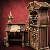 Whispers Filed, Scrolls Stacked Wooden Advisor Desk and Bookcase — painted concept preview (terrain supplied unpainted)