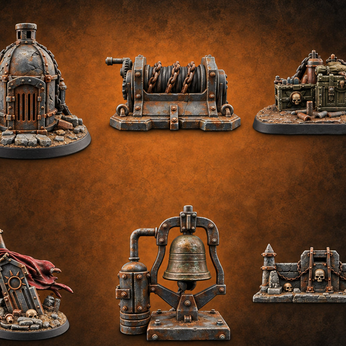 Everything Bolted Down Except Hope Industrial Battlefield Terrain Props — painted concept preview (terrain supplied unpainted)
