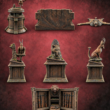 Rug Burn Risk Wooden Hunting Lodge Trophy Displays — painted concept preview (terrain supplied unpainted)
