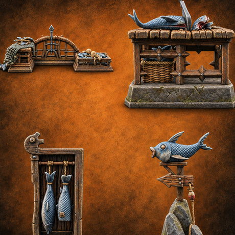 Gutted by Noon, Gone by Dusk Wooden Fish Seller Market Set — painted concept preview (terrain supplied unpainted)