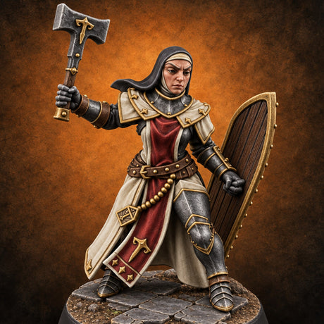 Pray Loud, Swing Louder Human Female Armoured Nun A — painted concept preview (miniature supplied unpainted)