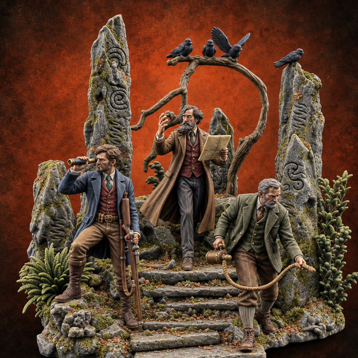 Three Scholars, One Bad Feeling Human Investigators on Standing-Stone Hilltop Diorama — painted concept preview (miniature supplied unpainted)