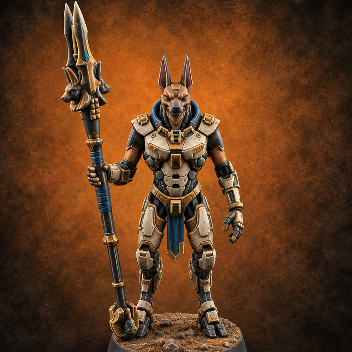 Duty Beyond the Afterlife Gnoll Armoured Jackal Guard with Staff B — painted concept preview (miniature supplied unpainted)