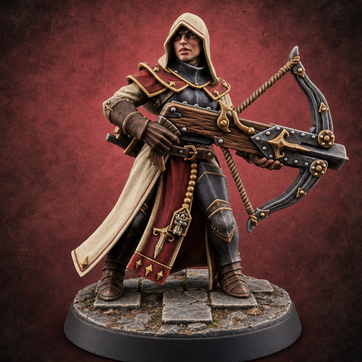 Pray, Then Aim Human Female Hooded Crossbow Arbalist C — painted concept preview (miniature supplied unpainted)