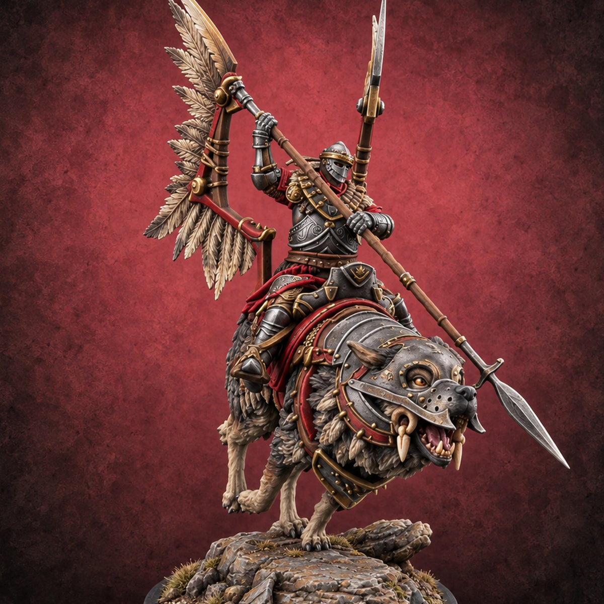 Steel, Feather and Fang Human Winged Hussar on Dire Wolf D — painted concept preview (miniature supplied unpainted)