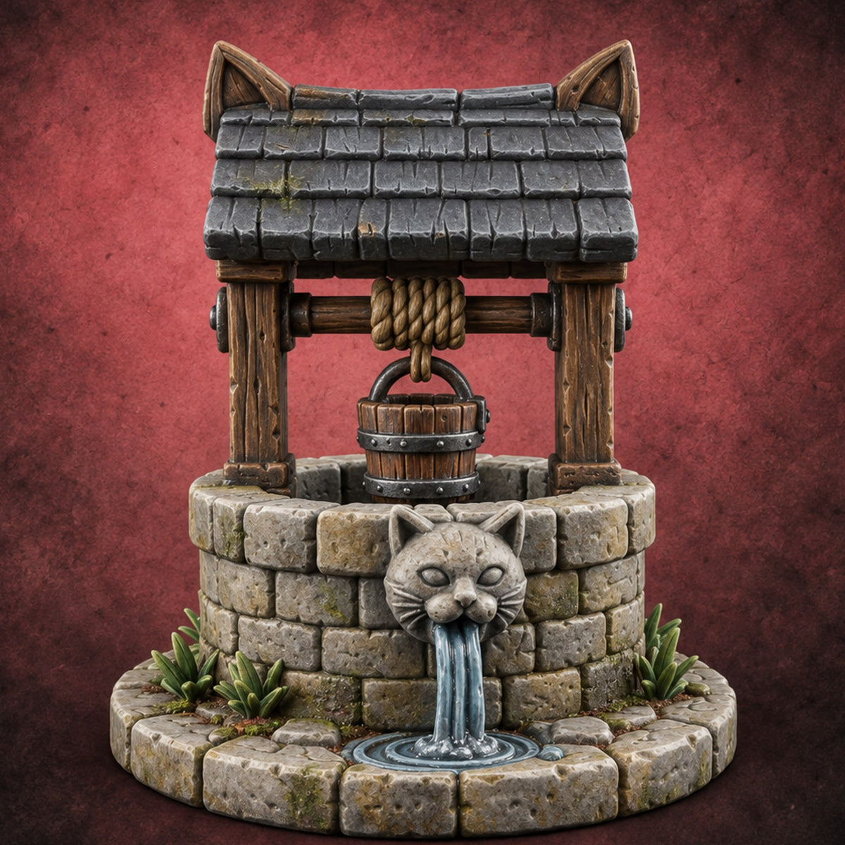 Drink Under Watchful Whiskers Roofed Cat-Head Stone Well — painted concept preview (terrain supplied unpainted)