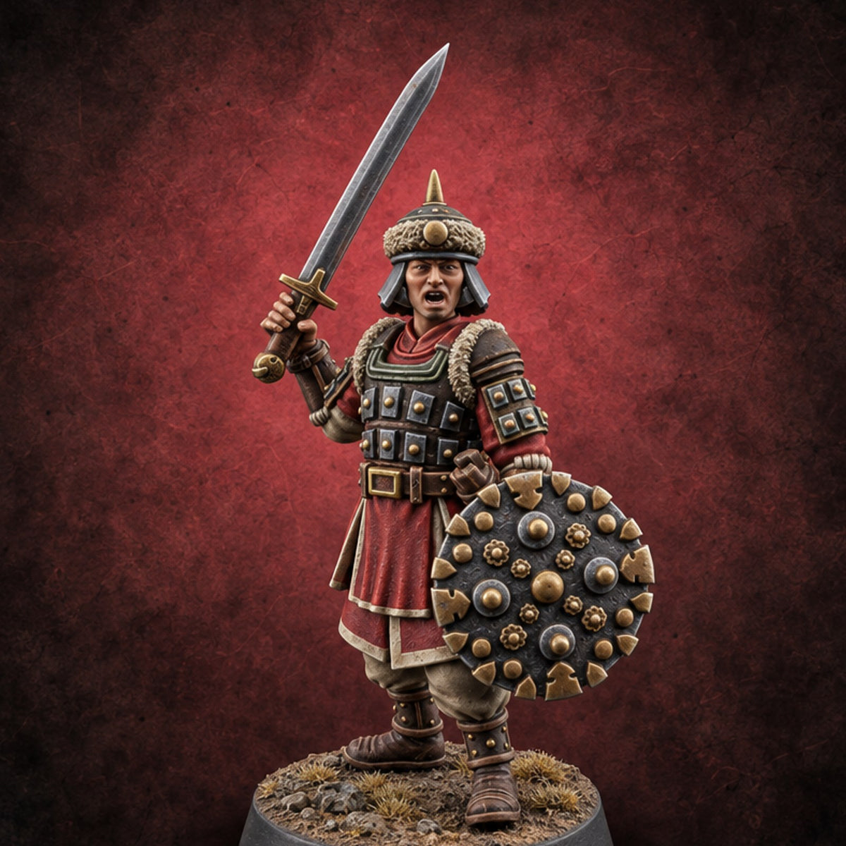 Shields Studded, Steel Singing Human Steppe Swordsman E — painted concept preview (miniature supplied unpainted)