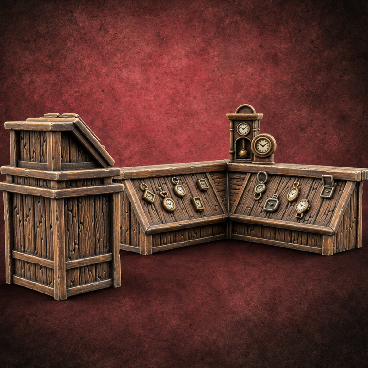 Time Is Money, Pay Up Wooden Clock Shop Counter — painted concept preview (terrain supplied unpainted)
