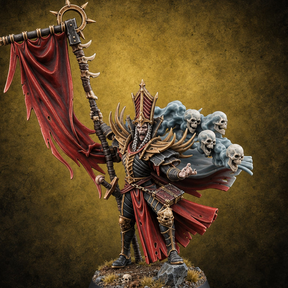 Unfurled and Unforgiving Vampire Lord with Banner and Skull Spirits On Foot — painted concept preview (miniature supplied unpainted)
