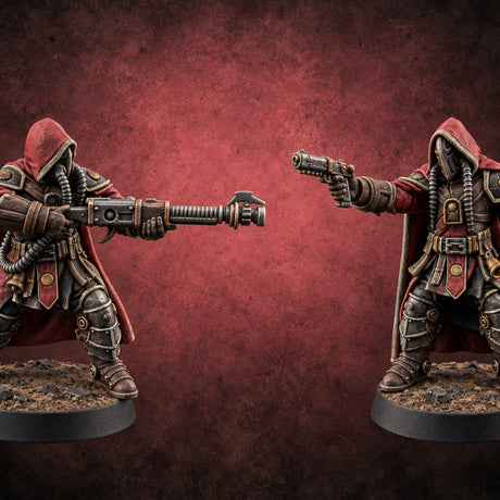 Barrel and Benediction Human Hooded Gunners — painted concept preview (miniature supplied unpainted)