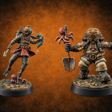 Shovel Down, Octopus Up Human Treasure Hunter Divers — painted concept preview (miniature supplied unpainted)