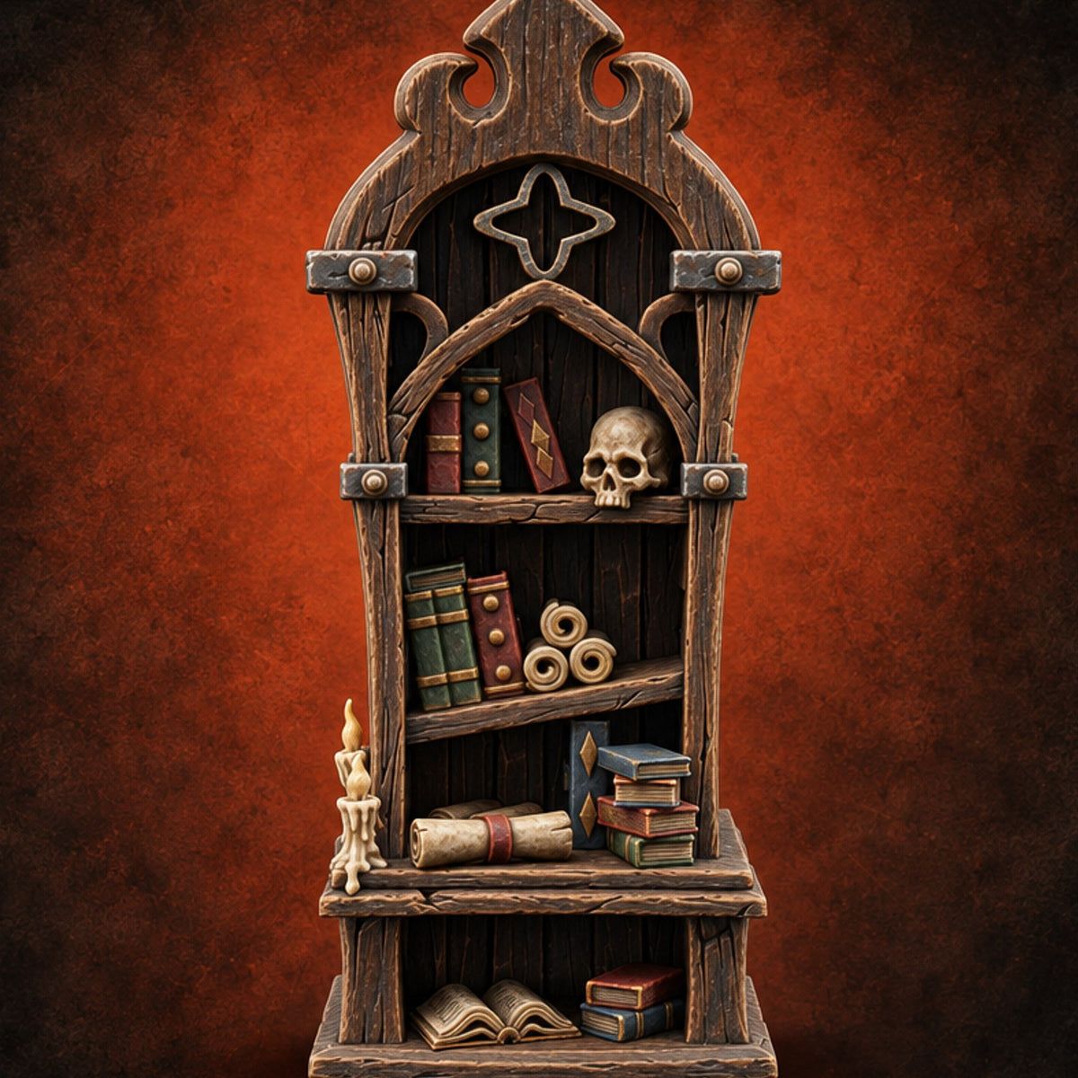 Skull Keeps the Reading List Gothic Wooden Bookcase — painted concept preview (terrain supplied unpainted)