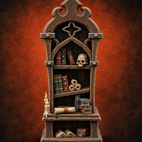 Skull Keeps the Reading List Gothic Wooden Bookcase — painted concept preview (terrain supplied unpainted)