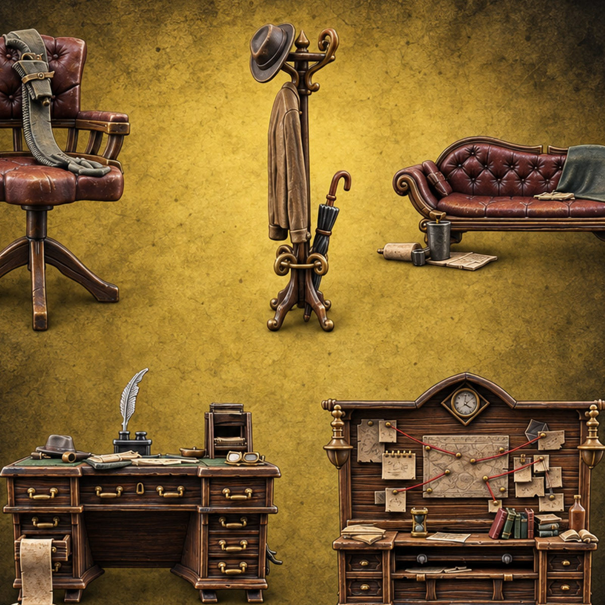 Case Files Still Pinned Wooden Investigator Office Furniture Set — painted concept preview (terrain supplied unpainted)