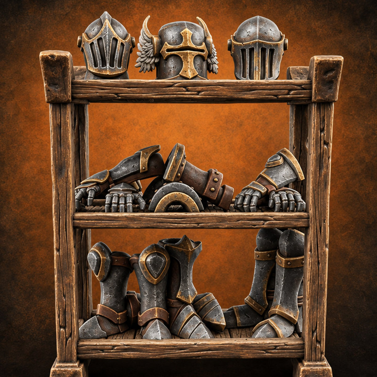 Helms Up, Boots Down Wooden Armour Display Shelf — painted concept preview (terrain supplied unpainted)